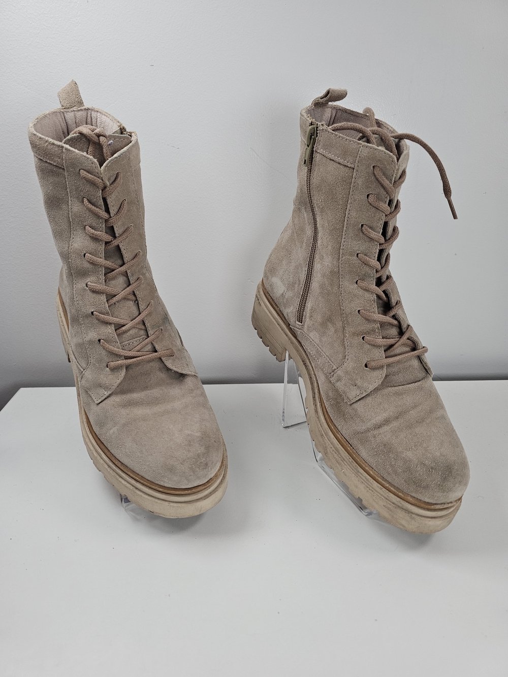 Women's Taupe Suede Lug-Soled Lace-Up Combat Boots with Side Zip